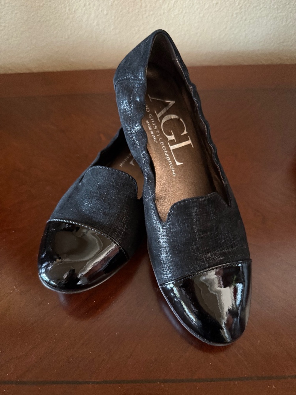 AGL black leather with black leather toe cap ballerina flat size 5